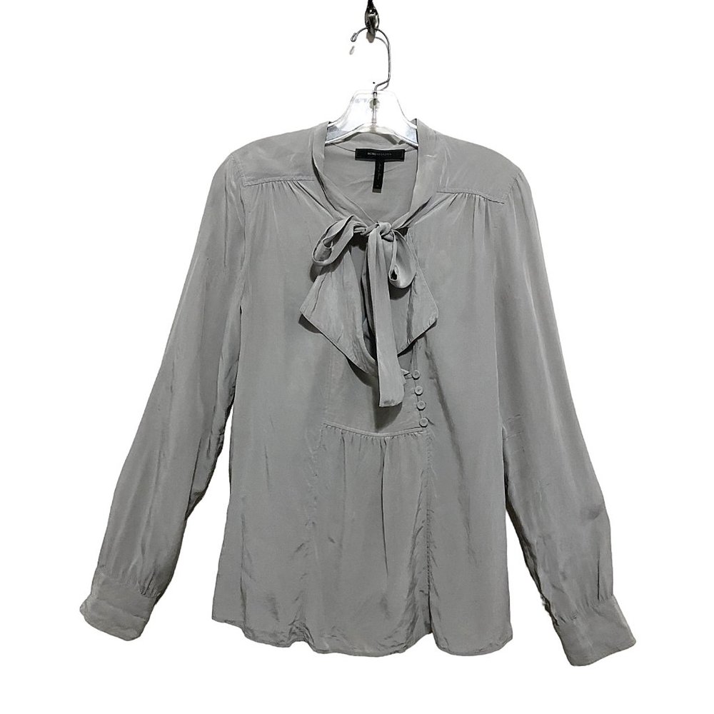 BCBGMaxAzria Cleona Blouse Opal Gray Silk Long Sleeve Neck Tie  Size M
